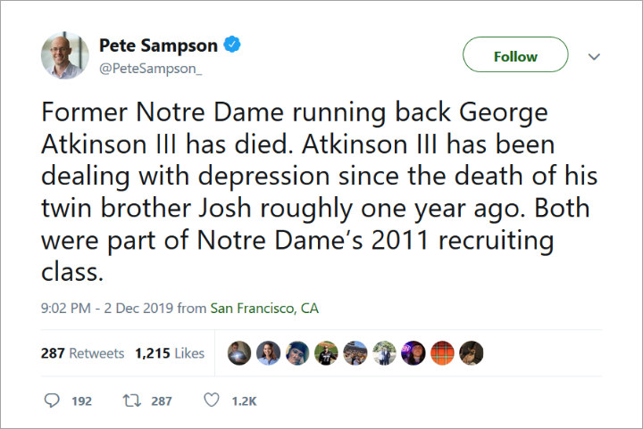 Pete Sampson's announcement about the tragic death.