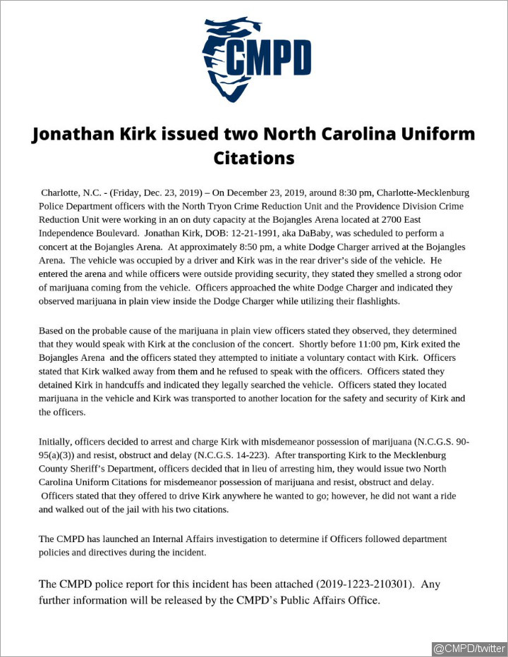 The Charlotte-Mecklenburg Police Department's Statement on DaBaby's Arrest
