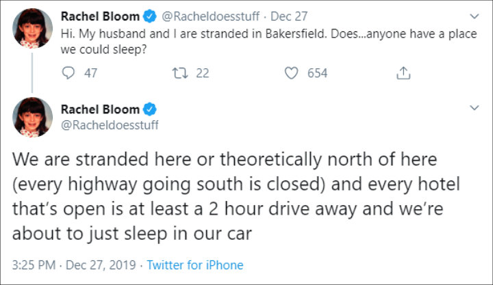 Rachel Bloom is stranded in a snowstorm