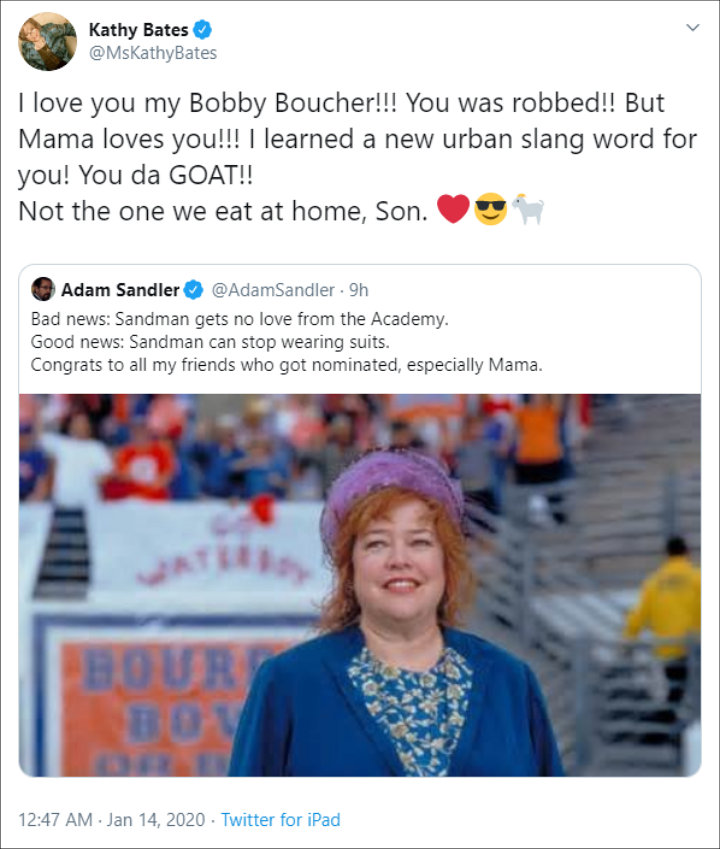 Kathy Bates Reacts to Adam Sandler Oscars Snub