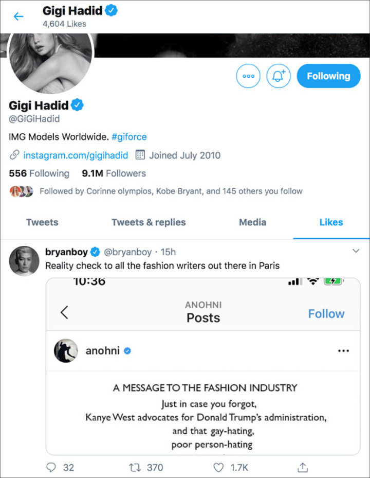 Gigi Hadid Likes Tweet Denouncing Kanye West for Being a Trump Supporter