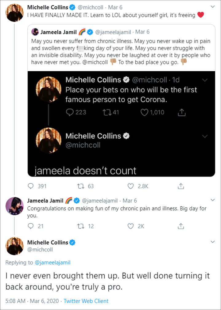 Jameela Jamil and Michelle Collins feuding