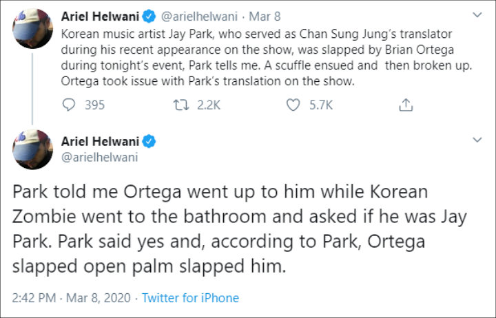 Brian Ortega allegedly slapped Jay Park