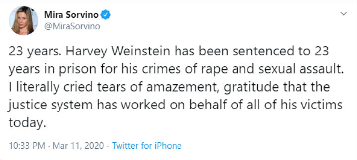 Mira Sorvino Reacts to Harvey Weinstein's 23-Year Prison Sentence