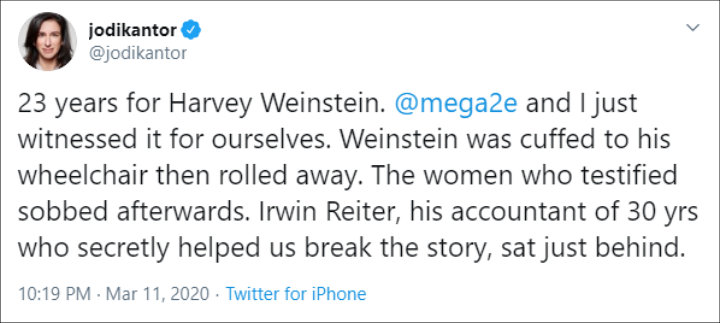 Jodi Kantor Reacts to Harvey Weinstein's 23-Year Prison Sentence