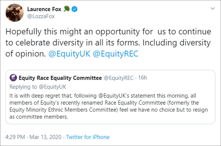 Laurence Fox Celebrates Equity's Apology