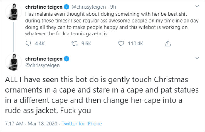 Chrissy Teigen Slams Melania Trump for Lack of Response Amid Coronavirus Crisis
