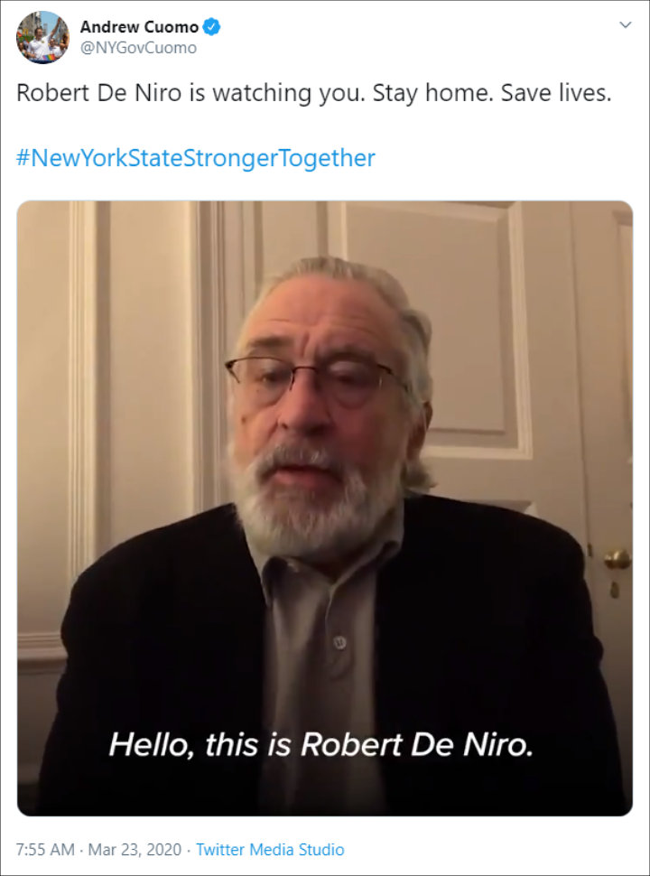 Robert De Niro and New York Governor Andrew Cuomo ask people to stay at home