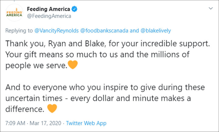 Feeding America Thanks Ryan Reynolds and Blake Lively for Their Donation