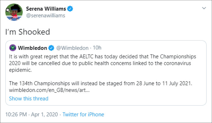 Serena Williams Reacts to Cancellation of 2020 Wimbledon