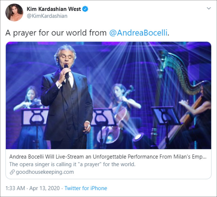 Kim Kardashian Reacts to Andrea Bocelli's Easter Sunday Concert at Duomo Cathedral