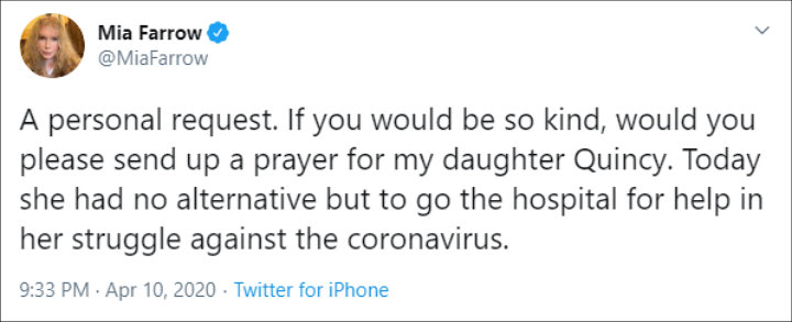 Mia Farrow's daughter had coronavirus