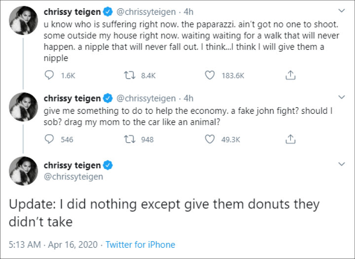 Chrissy Teigen Trolls Paparazzi With Crazy Ideas Amid Coronavirus Lockdown