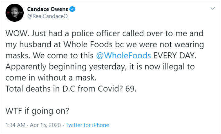 Candace Owens Rants Over Having to Wear Mask in Grocery Store