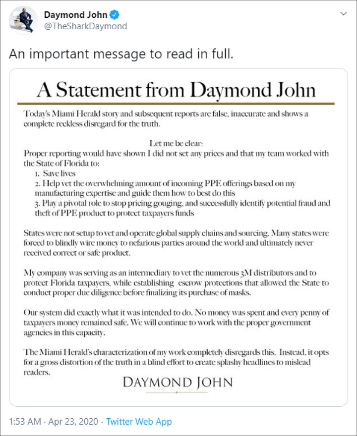 Daymond John denies rumors of him selling N95 mask at higher price