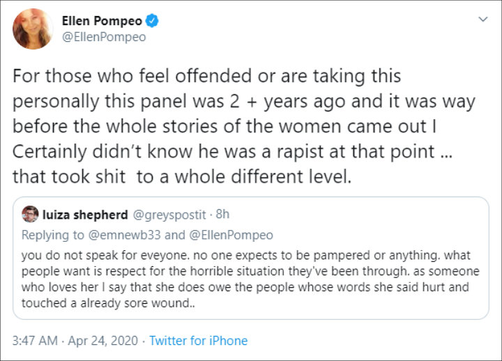 Ellen Pompeo clarified controversial comments on Harvey Weinstein