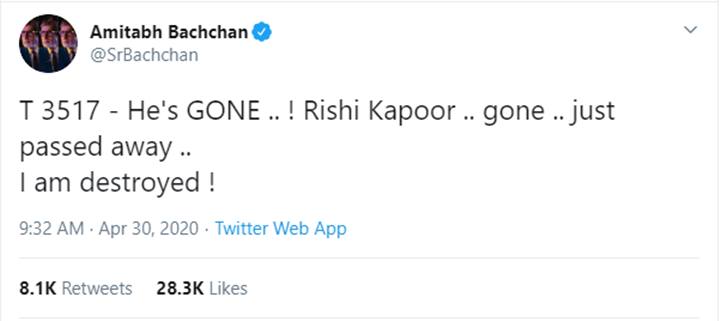 Amitabh Bachchan mourns Rishi Kapoor's death