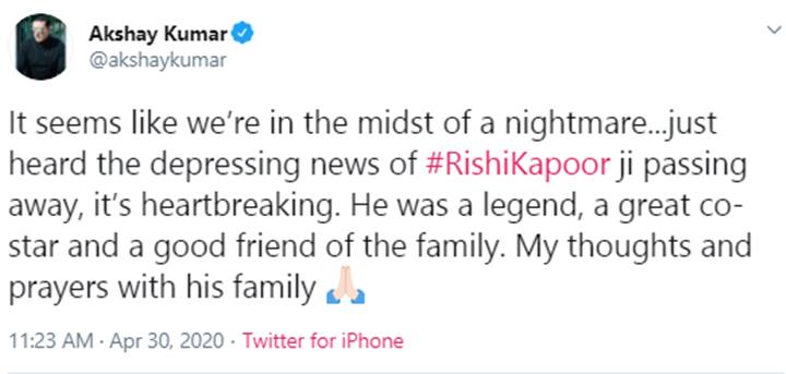Akhsmay Kumar mourns Rishi Kapoor's death