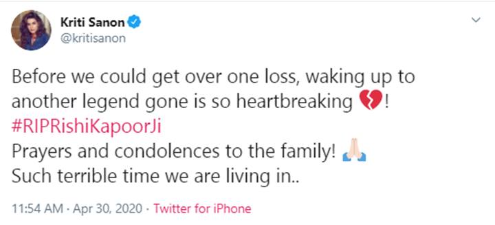 Kriti Sanonmourns Rishi Kapoor's deat h