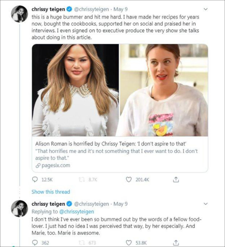 Alison Roman and Chrissy Teigen beef