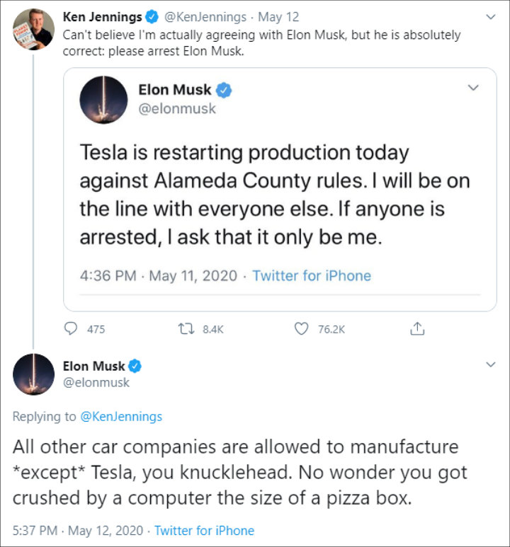 Elon Musk Claps Back at 'Jeopardy!' Contestant Ken Jennings for His 'Arrest' Joke