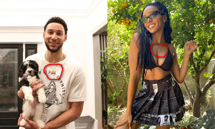 Ben Simmons and Tinashe wearing matching necklaces