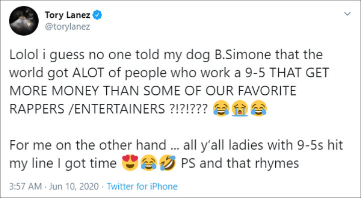 Tory Lanez weighed in on B. Simone's 9-to-5 workers comments