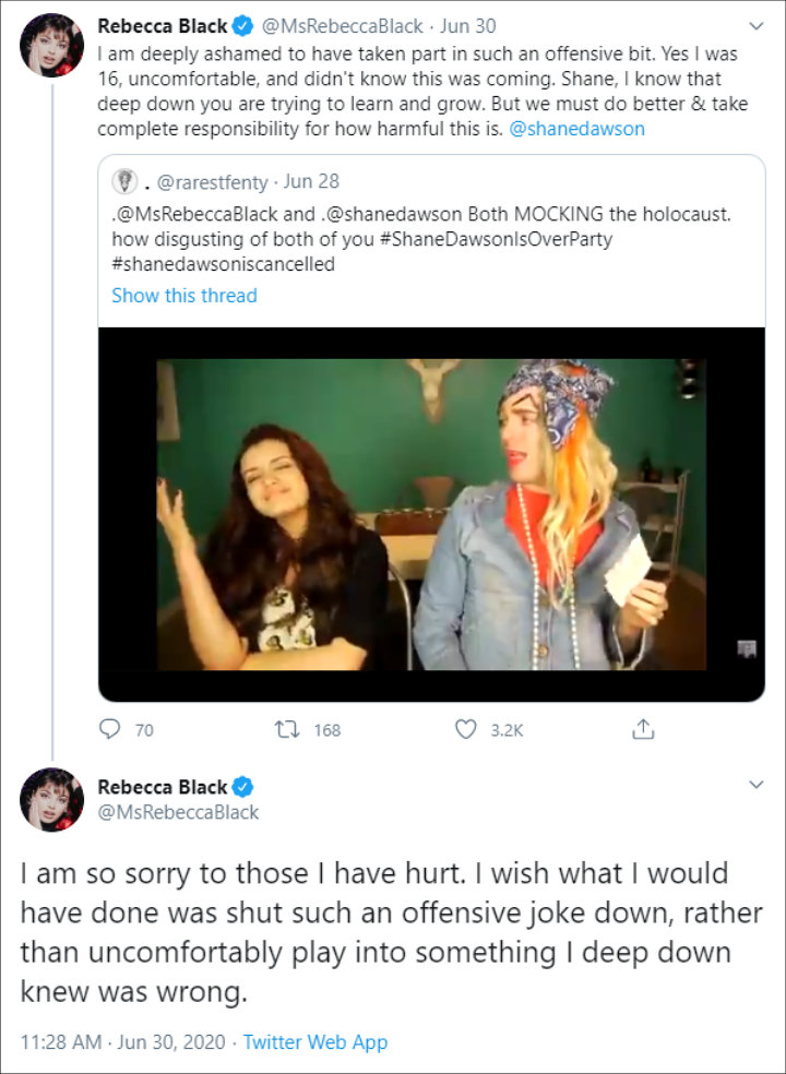 Rebecca Black Apologizes for Partaking in Shane Dawson's Offensive Holocaust Joke