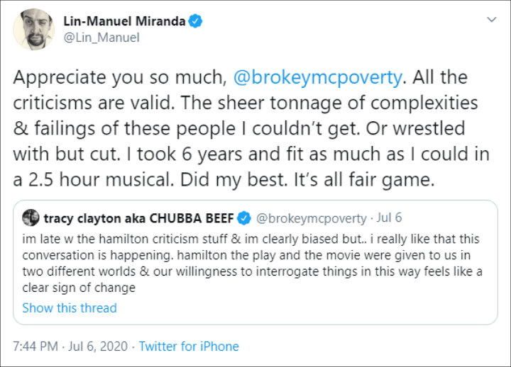 Lin-Manuel Miranda Responds to the 'Hamilton' Backlash