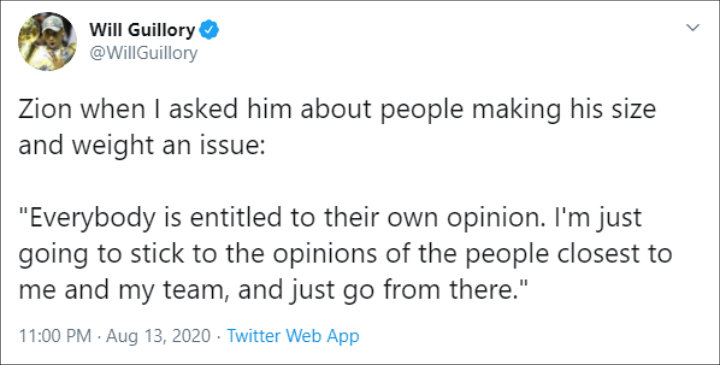 Zion's alleged response to overweight criticism