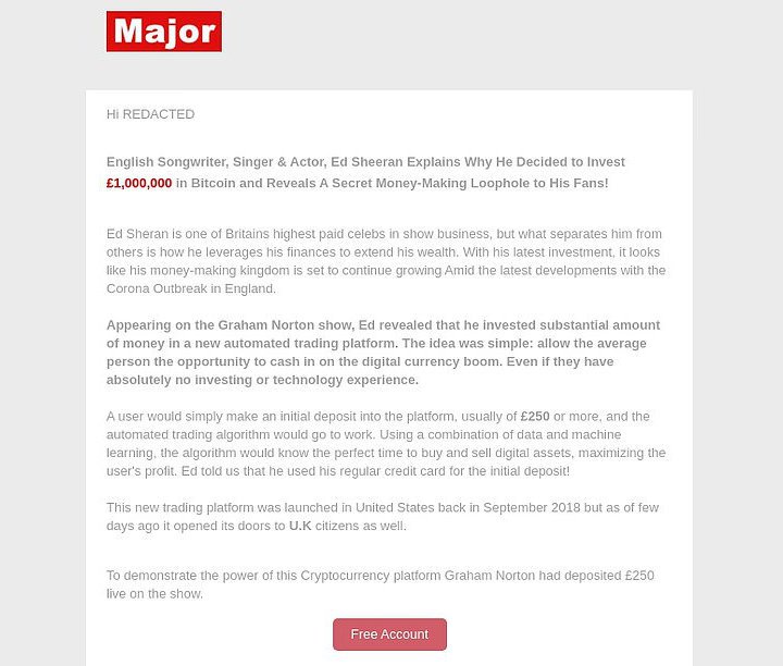 Online Scam Using Ed Sheeran's Name