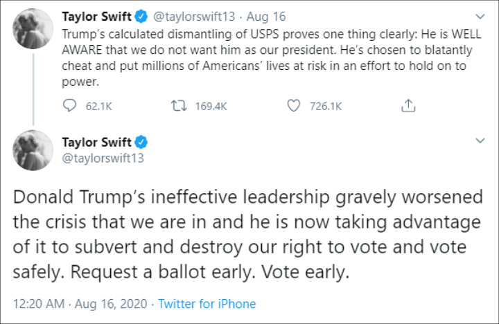 Taylor Swift accused Donald Trump of 'calculated dismantling' the USPS