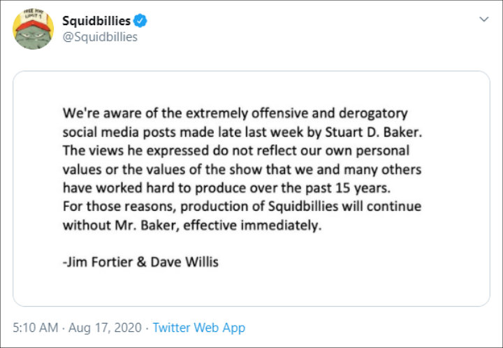 Squidbillies fires Stuart Baker over controversial remarks about BLM