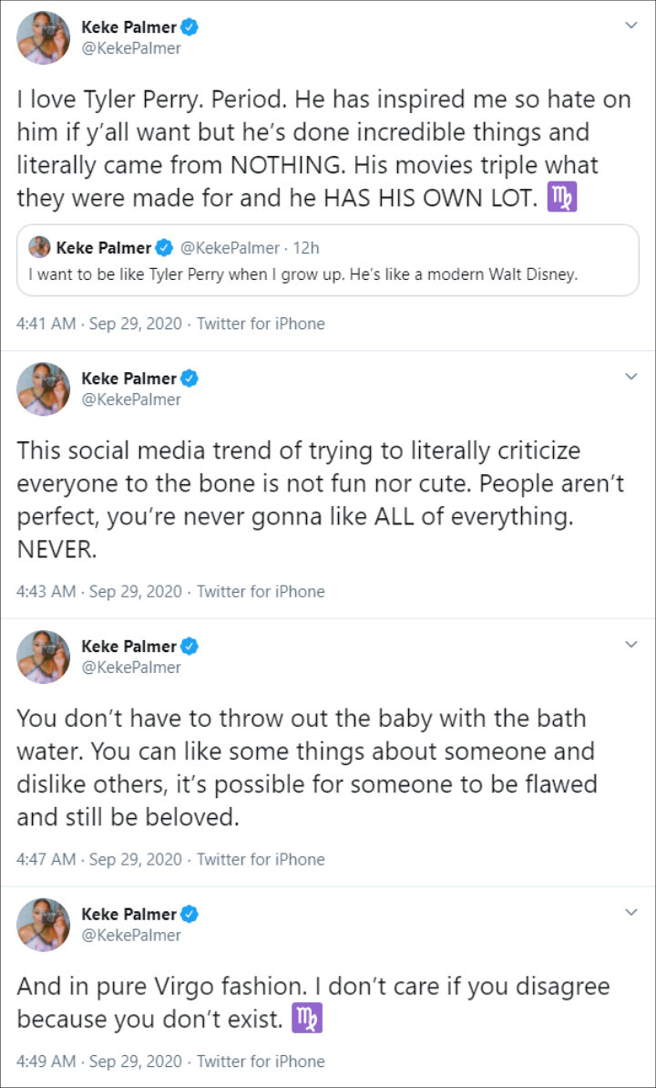 Keke Palmer defended her admiration to Tyler Perry