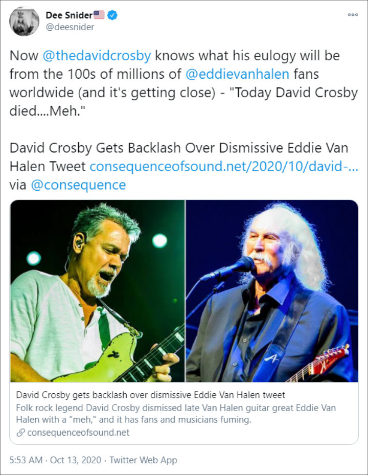 David Crosby Slammed for His Eddie Van Halen Tweet