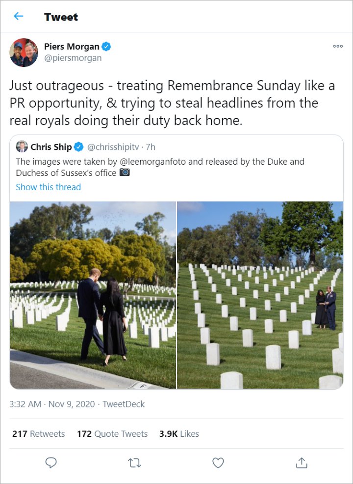 Piers Morgan blasted Prince Harry and Meghan Markle for alleged publicity stunt on Remembrance Day