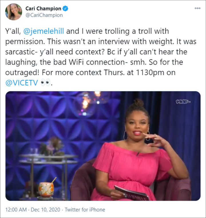 Cari Championed she and Jemele Hill were trolling with permission