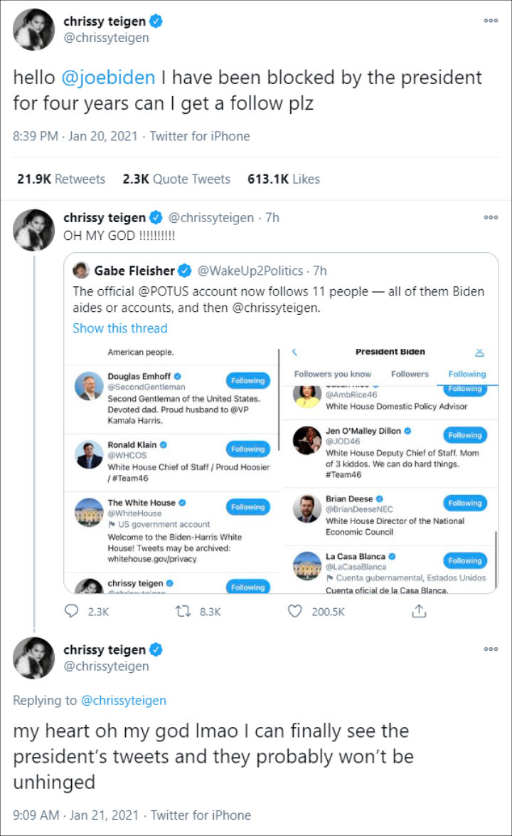 President Joe Biden follows Chrissy Teigen on Twitter