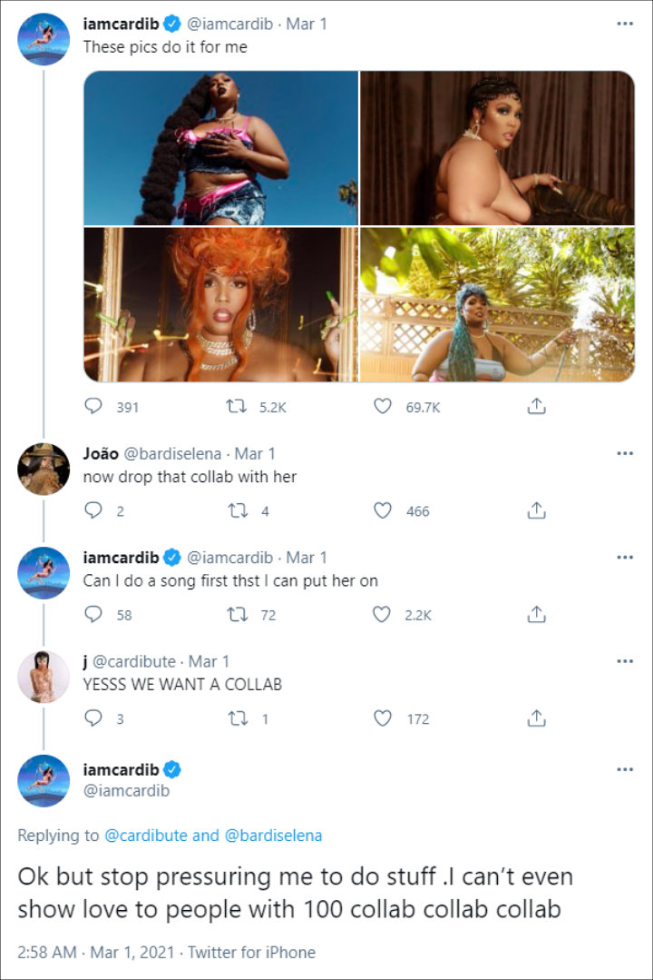 Cardi B called out fans for pressuring her with Lizzo collab