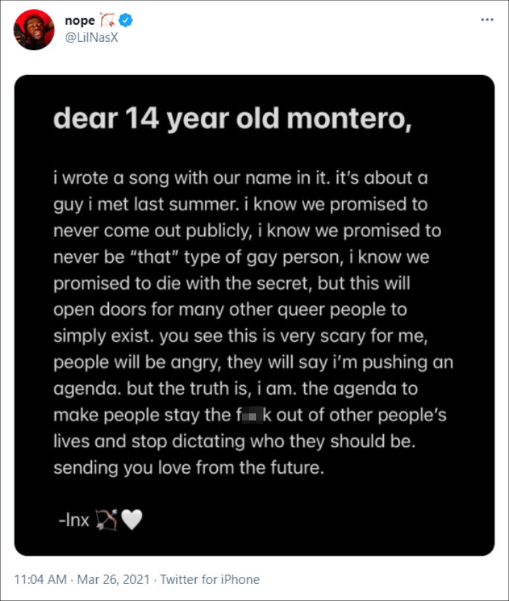 Lil Nas X wrote a letter to his 14-year-old self