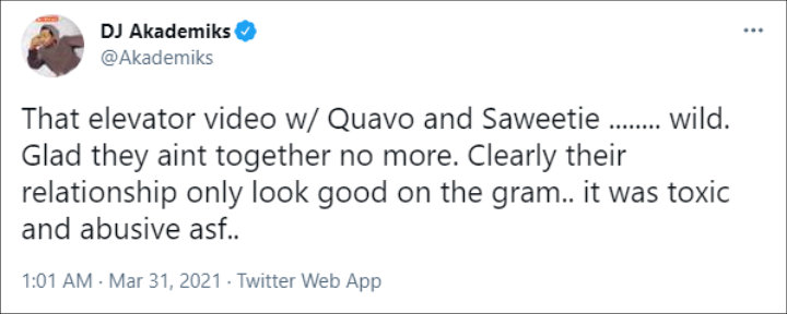 DJ Akademiks commented on Quavo and Saweetie's elevator fight