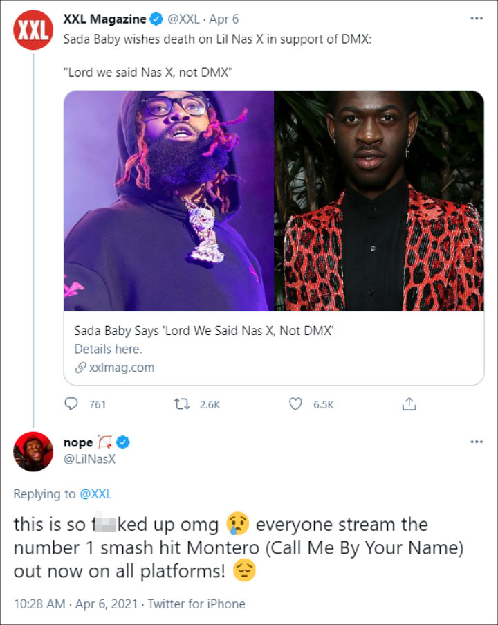 Lil Nas X reacted to Sada Baby's controversial post