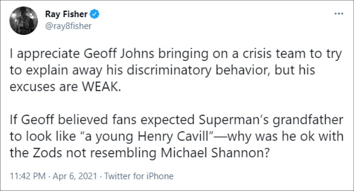 Ray Fisher blasted Geoff Johns