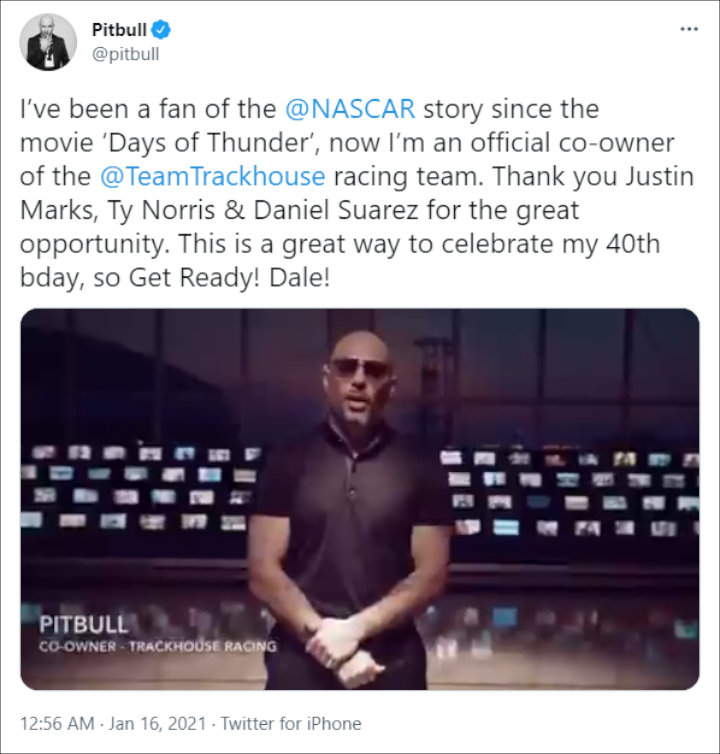 Pitbull announced himself as  the new co-owner of NASCAR racing team Trackhouse