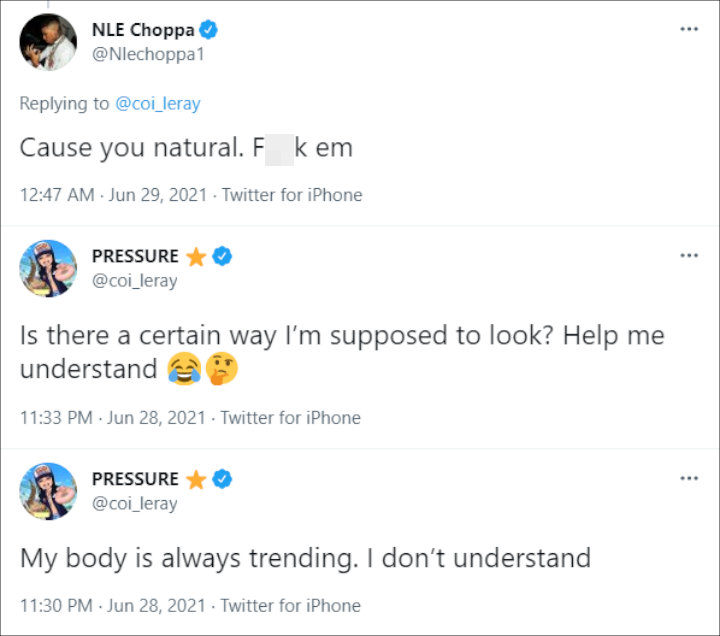 NLE Choppa defended Coi Leray from body shamers