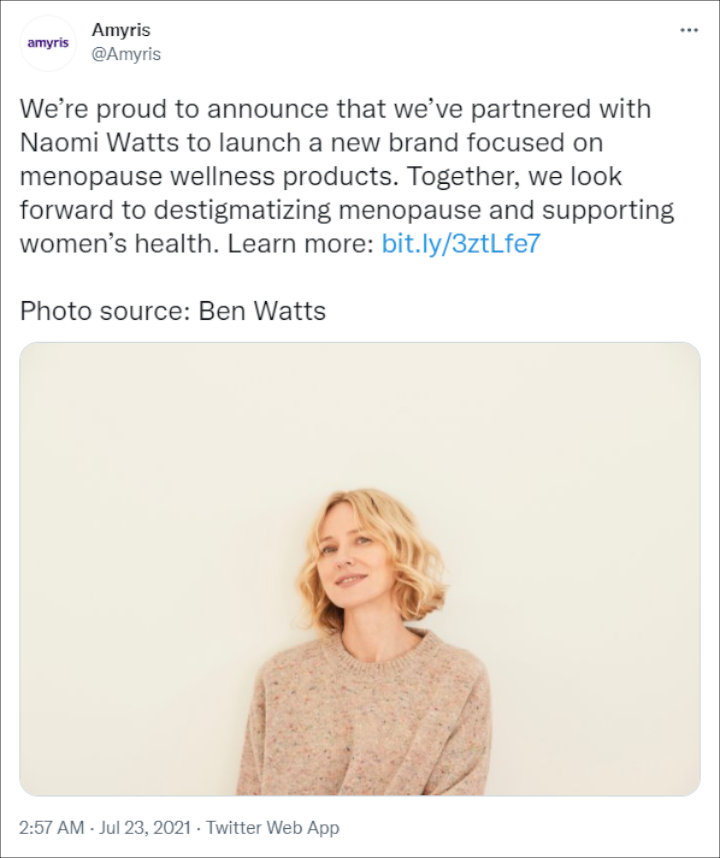 Amyris announced partnership with Naomi Watts