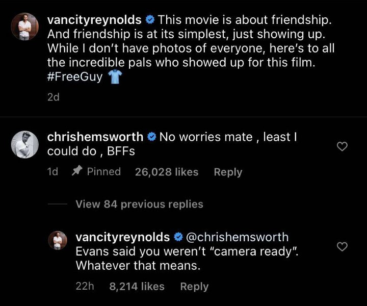Ryan Reynolds and Chris Hemsworth's funny Instagram comment exchange