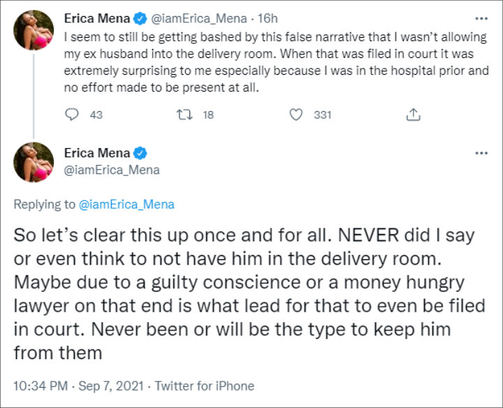 Erica Mena set the records straight on Twitter