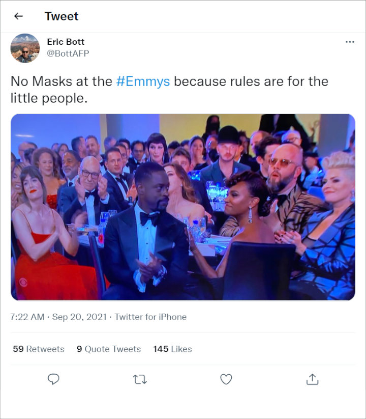 A Twitter user criticized maskless Emmy attendees