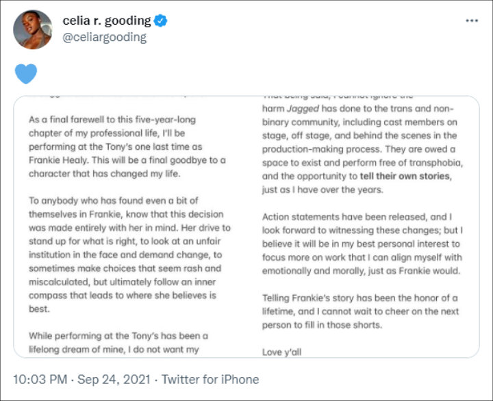 Celia Rose Gooding also spoke out against the Broadway musical